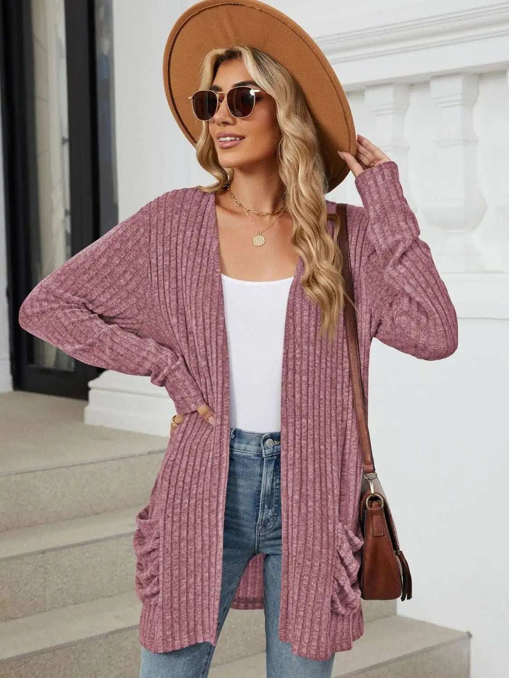 Pocketed Open Front Long Sleeve Cardigan - Trendsi - Flyclothing LLC