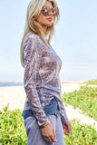Davi & Dani Sequin Mock Neck Long Sleeve Mesh Top - Trendsi