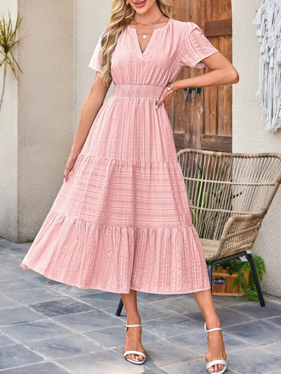 Tiered Notched Short Sleeve Dress - Trendsi - Flyclothing LLC