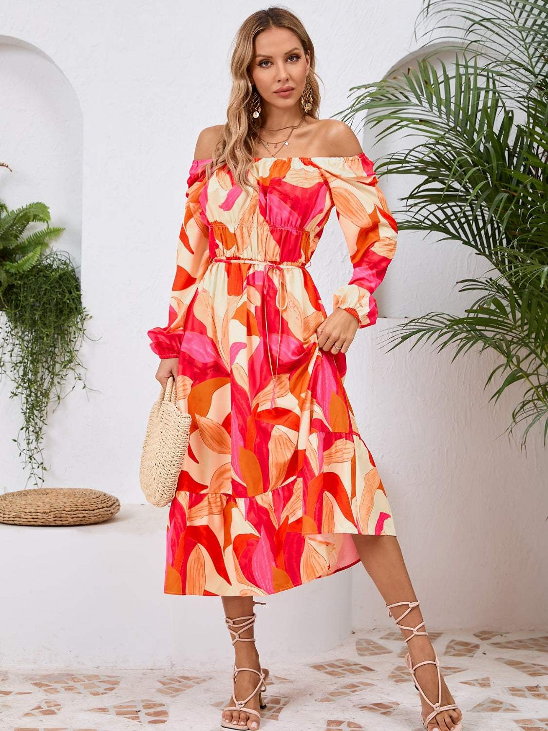 Printed Long Sleeve Midi Dress - Trendsi - Flyclothing LLC