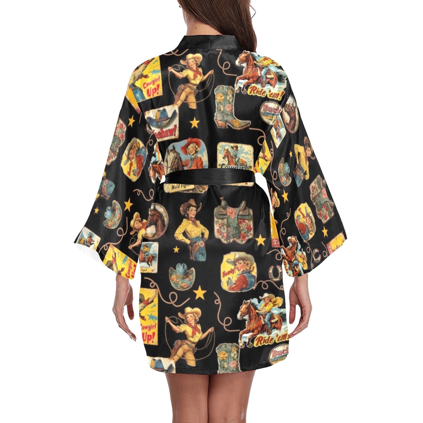 Baha Ranch Vintage Cowgirl Collage Satin Kimono Sleeve Robe