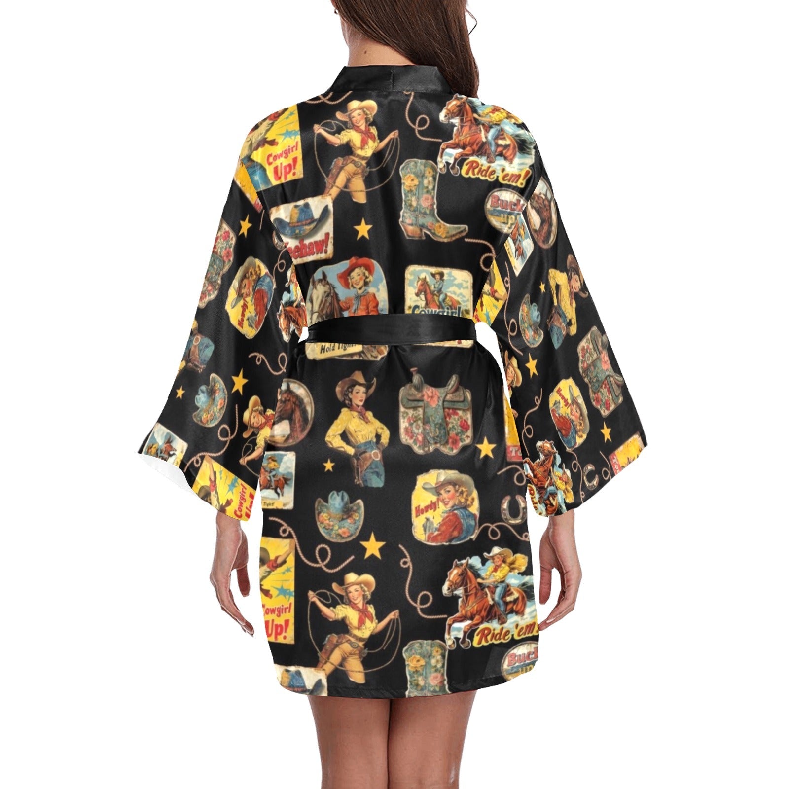 Baha Ranch Vintage Cowgirl Collage Satin Kimono Sleeve Robe
