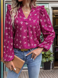 Ruffled Printed Notched Long Sleeve Blouse - Trendsi