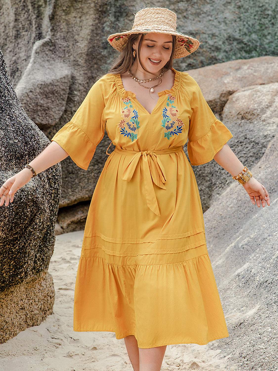 Plus Size Notched Tie Waist Half Sleeve Midi Dress - Trendsi - Flyclothing LLC