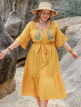 Plus Size Notched Tie Waist Half Sleeve Midi Dress - Trendsi - Flyclothing LLC