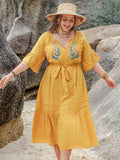 Plus Size Notched Tie Waist Half Sleeve Midi Dress - Trendsi - Flyclothing LLC