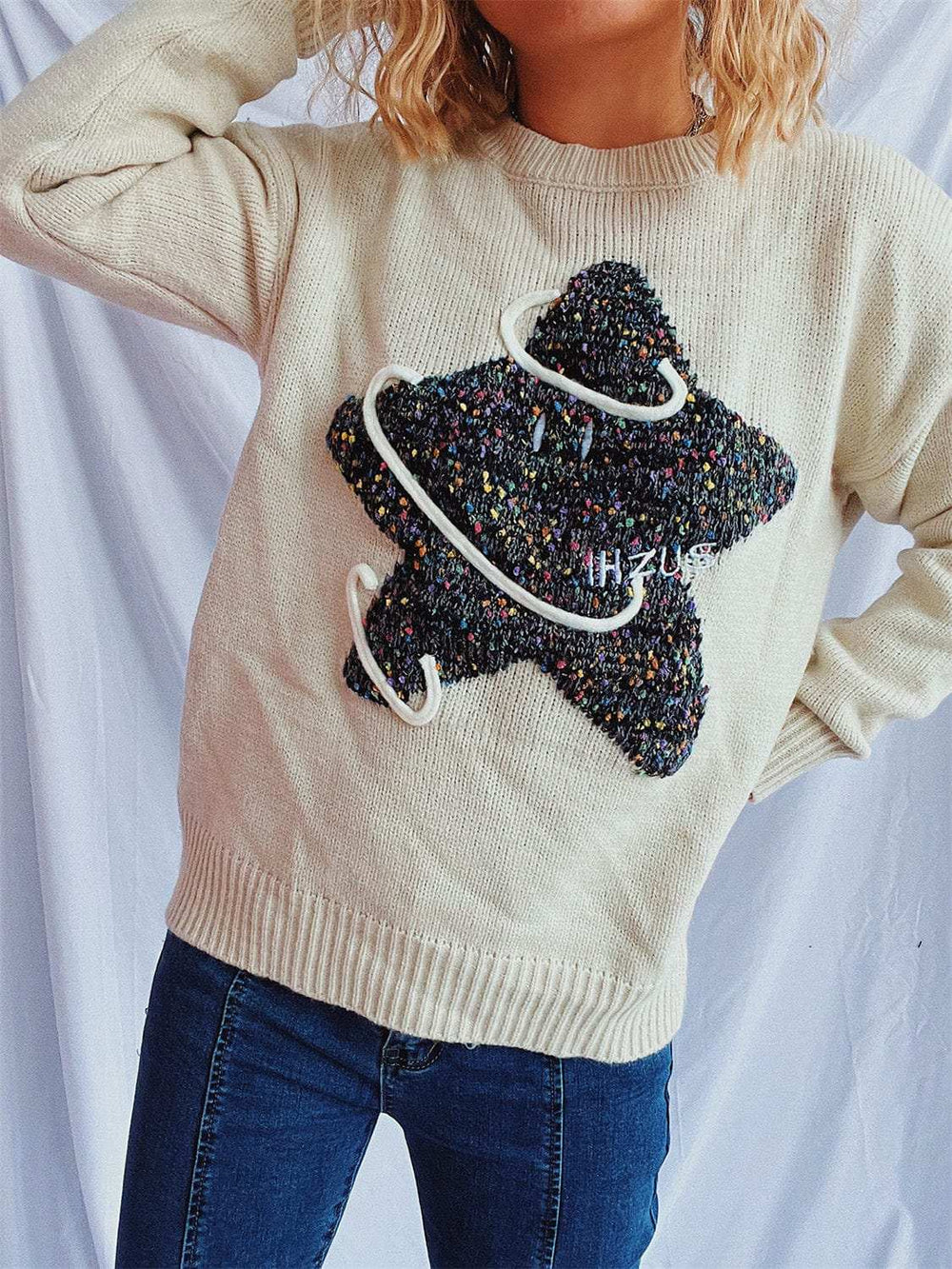 Contrast Star Round Neck Long Sleeve Sweater - Trendsi - Flyclothing LLC