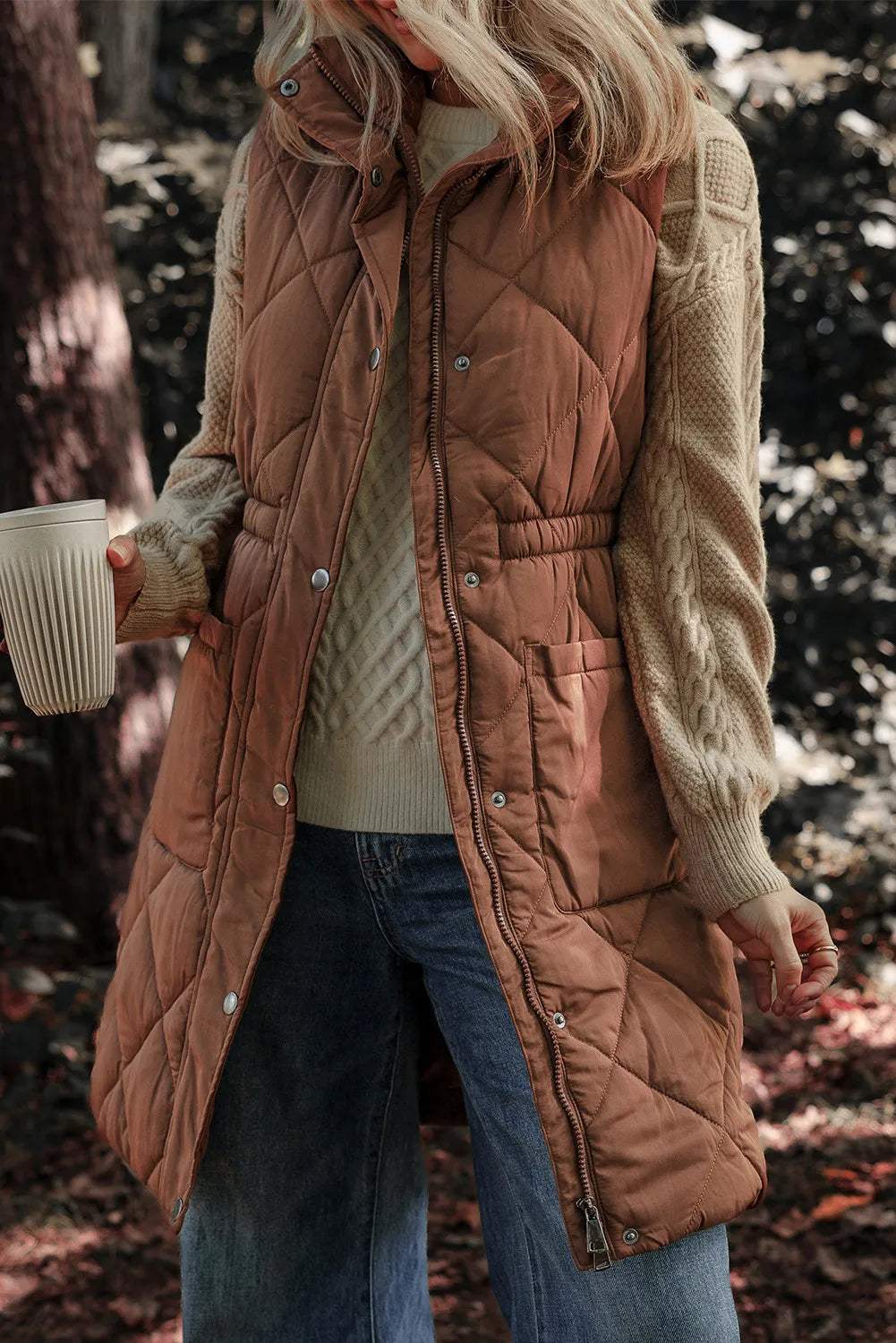 Pocketed Zipper and Button Vest Coat - Trendsi - Flyclothing LLC
