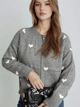 Heart Round Neck Zip Up Cardigan - Trendsi - Flyclothing LLC