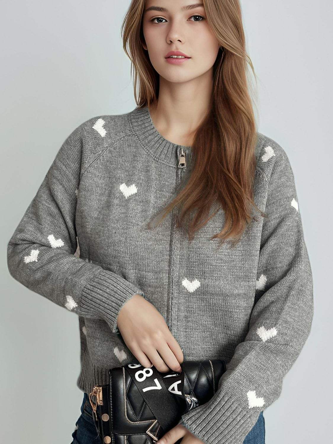 Heart Round Neck Zip Up Cardigan - Trendsi - Flyclothing LLC