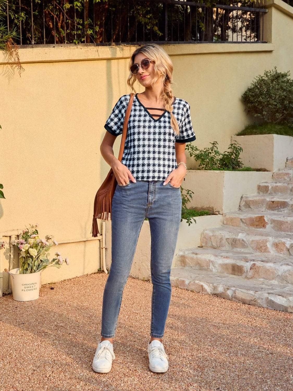 Houndstooth V-Neck Short Sleeve T-Shirt - Trendsi - Flyclothing LLC