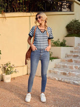 Houndstooth V-Neck Short Sleeve T-Shirt - Trendsi - Flyclothing LLC