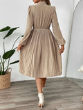 Perfee Pleated Tie Neck Long Sleeve Dress - Trendsi
