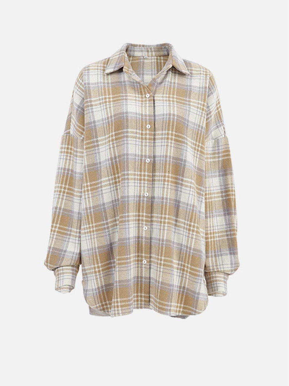 Plaid Collared Neck Dropped Shoulder Shirt - Trendsi - Flyclothing LLC