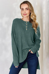 Basic Bae Full Size Ribbed Half Button Long Sleeve High-Low T-Shirt - ShopBasicbae - Flyclothing LLC