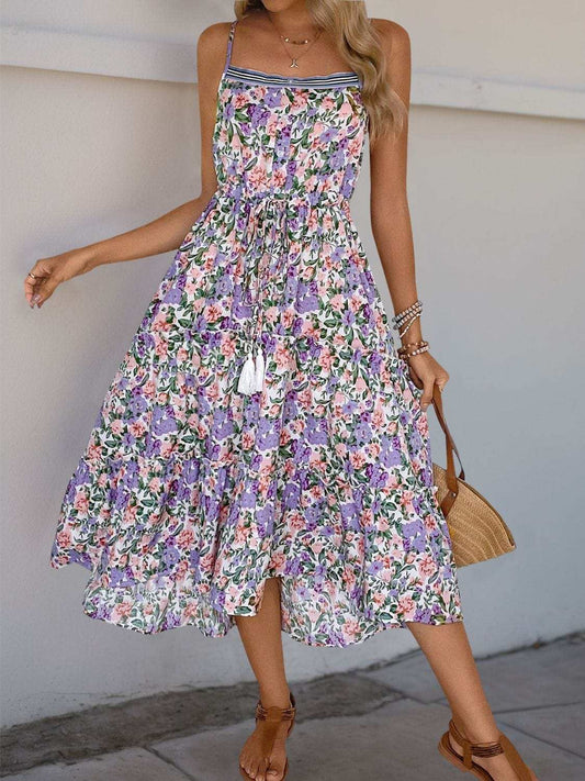 Perfee Decor Button Printed Sleeveless Tiered Midi Dress - Trendsi - Flyclothing LLC