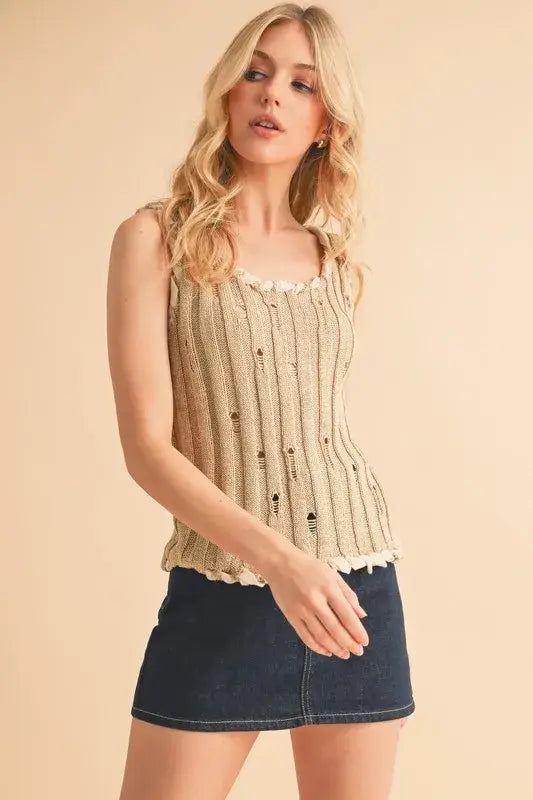 Aemi+Co Distressed Detail Round Neck Knit Tank - Trendsi - Flyclothing LLC