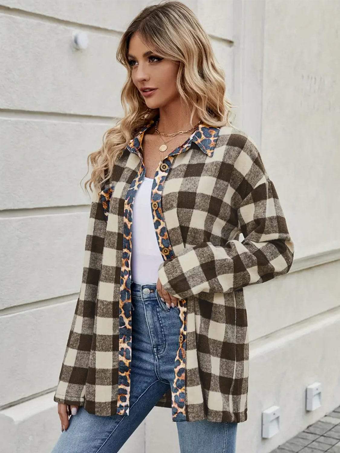 Leopard Trim Plaid Collared Neck Long Sleeve Shirt - Trendsi - Flyclothing LLC