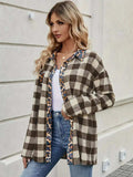 Leopard Trim Plaid Collared Neck Long Sleeve Shirt - Trendsi - Flyclothing LLC