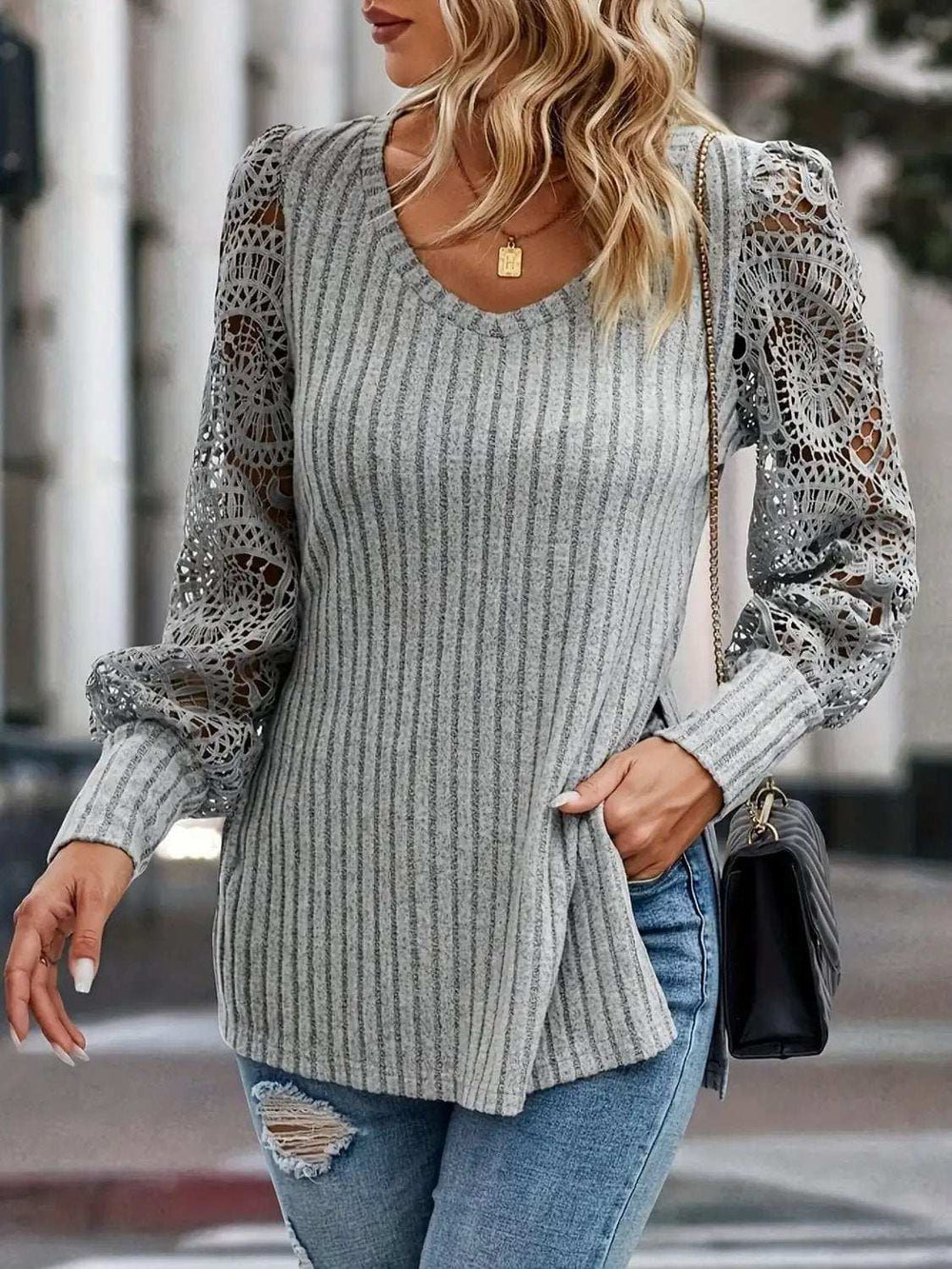 Slit Round Neck Lace Long Sleeve T-Shirt - Trendsi - Flyclothing LLC