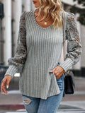 Slit Round Neck Lace Long Sleeve T-Shirt - Trendsi - Flyclothing LLC