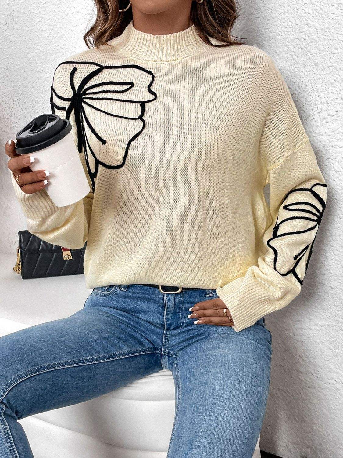Perfee Mock Neck Dropped Shoulder Long Sleeve Sweater - Trendsi - Flyclothing LLC