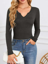 Notched Long Sleeve T-Shirt - Trendsi - Flyclothing LLC