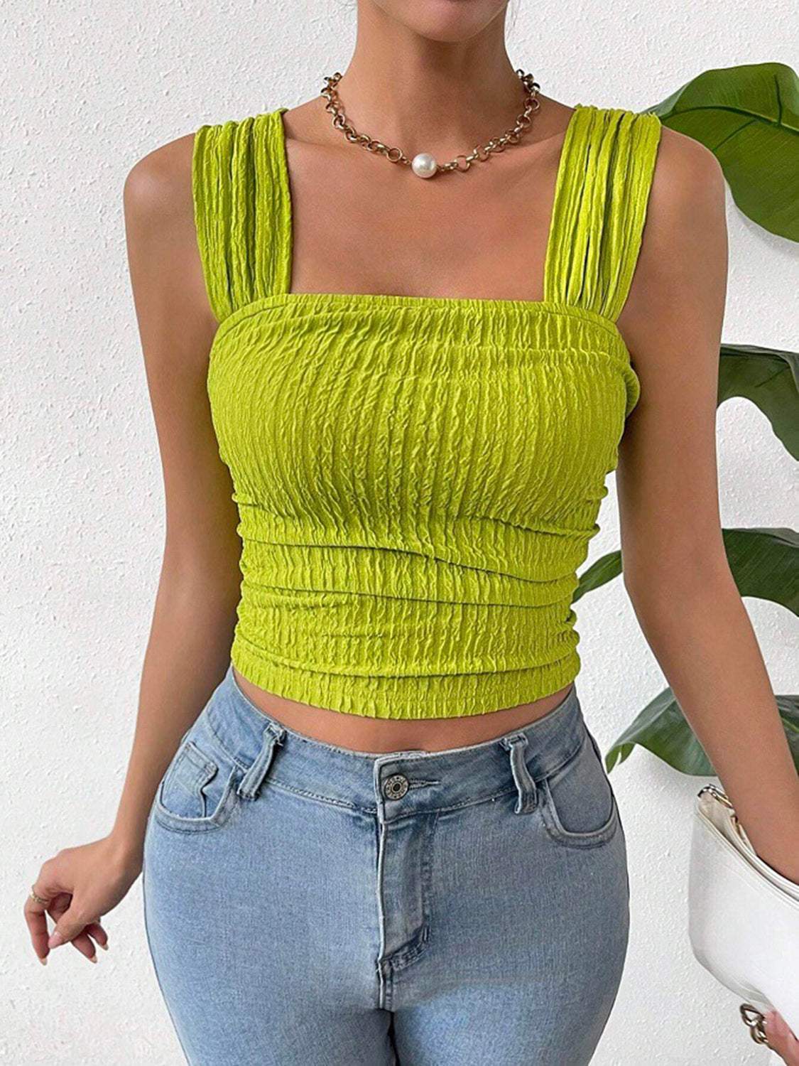 Textured Square Neck Wide Strap Tank - Trendsi - Flyclothing LLC