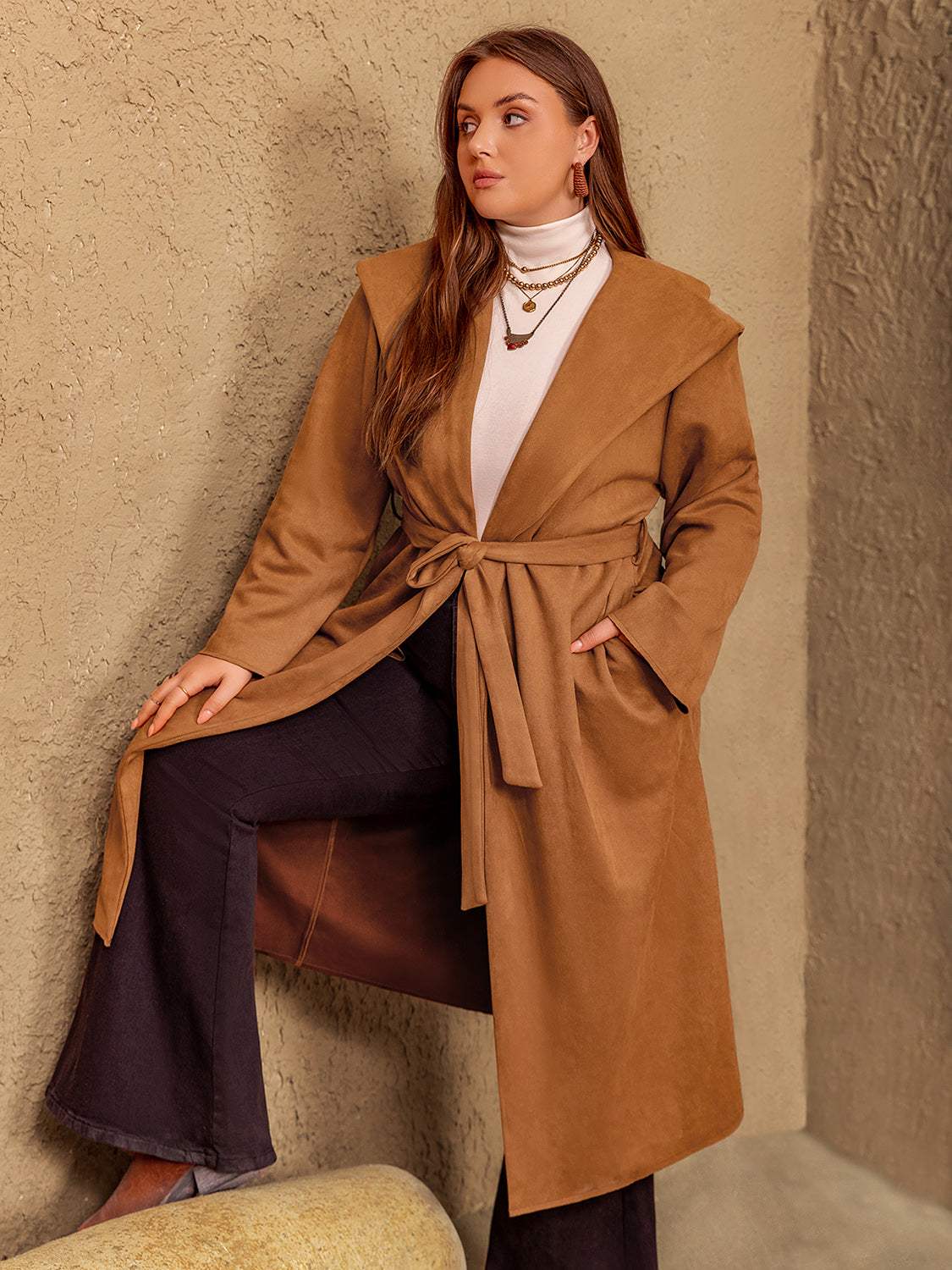 Plus Size Tied Long Sleeve Hooded Coat with Pockets - Trendsi - Flyclothing LLC