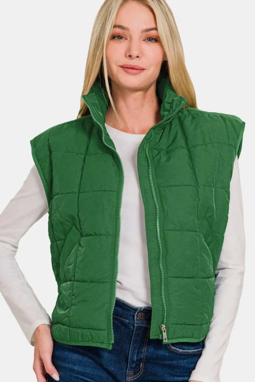 Zenana Zip Up Cropped Puffer Vest with Pockets - Trendsi - Flyclothing LLC