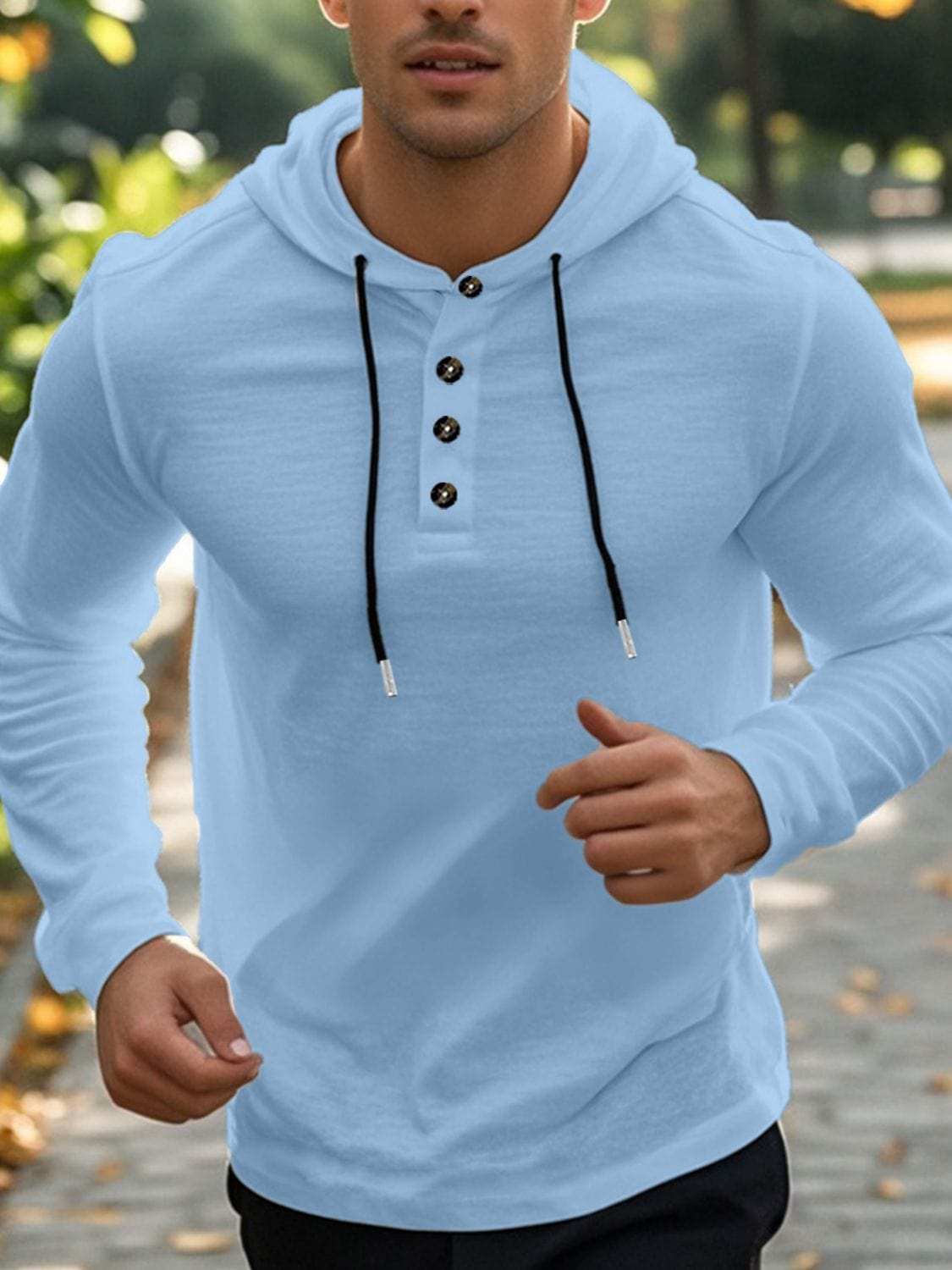 Men's Full Size Drawstring Button Detail Long Sleeve Hoodie Plus Size - Trendsi - Flyclothing LLC