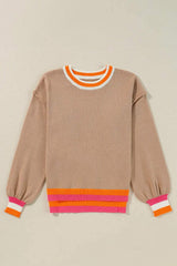Contrast Round Neck Long Sleeve Sweater - Trendsi - Flyclothing LLC