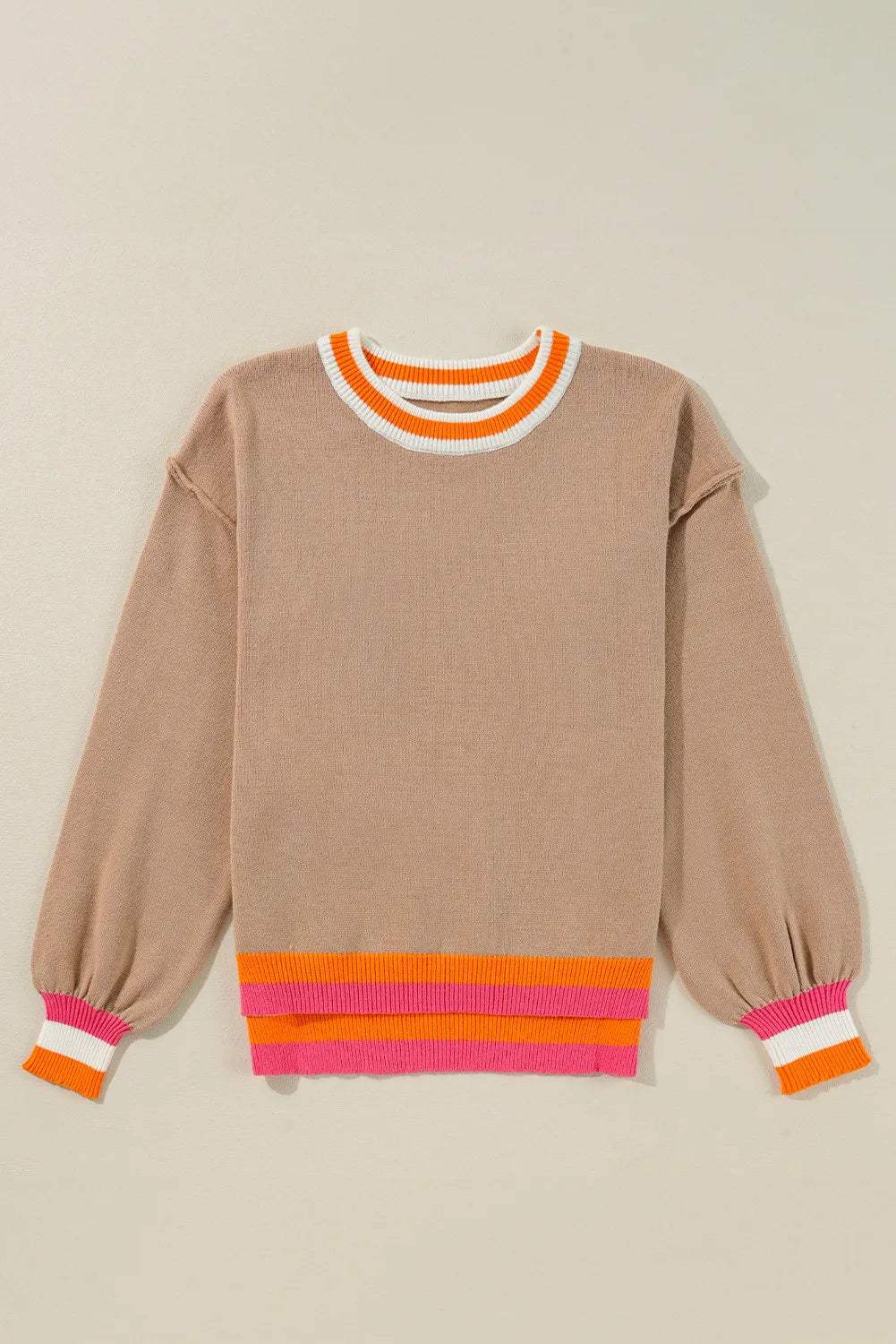 Contrast Round Neck Long Sleeve Sweater - Trendsi - Flyclothing LLC