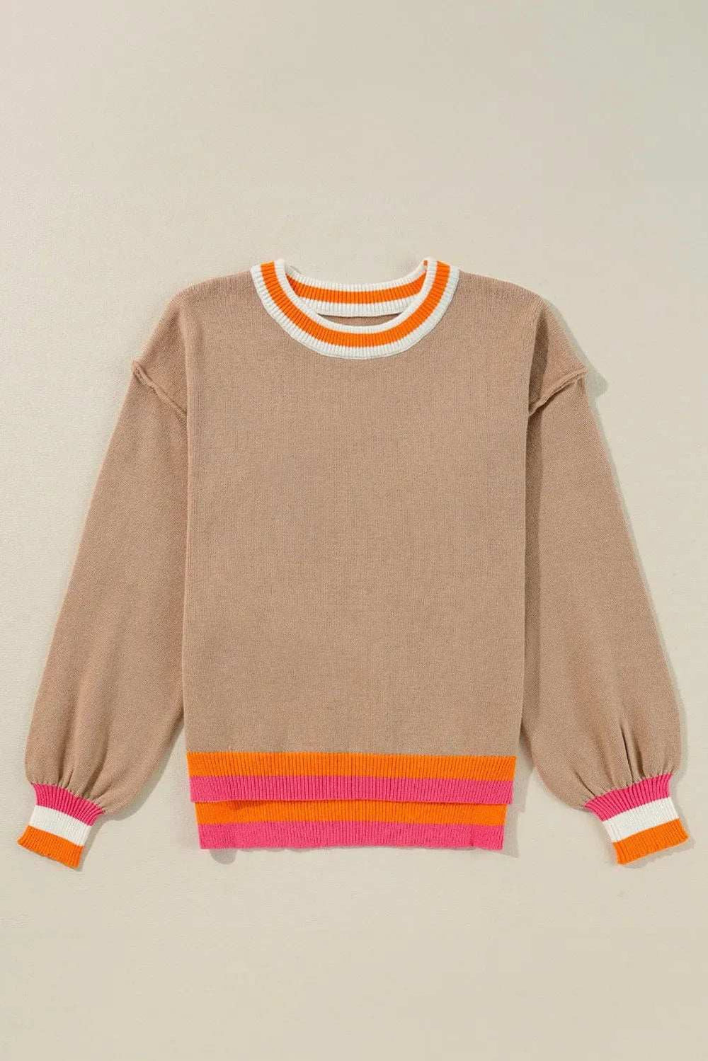 Contrast Round Neck Long Sleeve Sweater - Trendsi - Flyclothing LLC