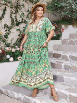Plus Size Floral Tie Neck Flutter Sleeve Maxi Dress - Trendsi - Flyclothing LLC