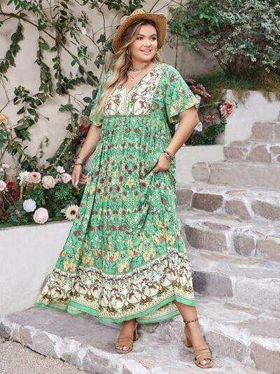 Plus Size Floral Tie Neck Flutter Sleeve Maxi Dress - Trendsi - Flyclothing LLC