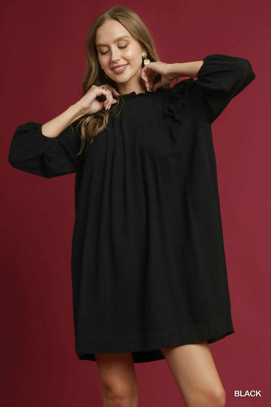 Umgee Linen Ruffle Shoulder Pleated Babydoll Dress - Trendsi - Flyclothing LLC