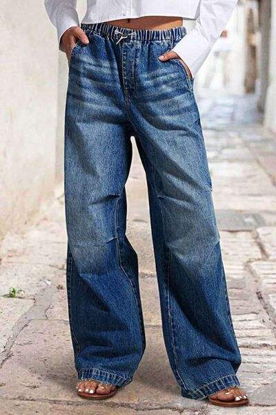 Drawstring Waist Wide Leg Shirred Jeans - Trendsi - Flyclothing LLC