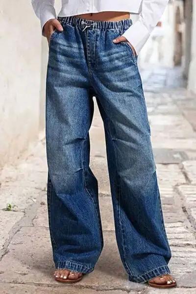 Drawstring Waist Wide Leg Shirred Jeans - Trendsi