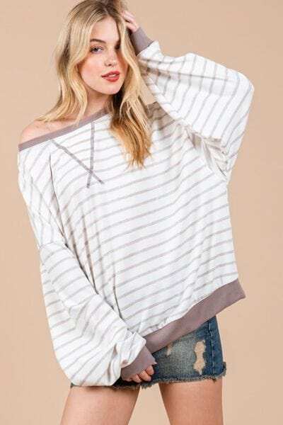 Ces Femme Striped Round Neck Drop Shoulder Sweatshirt - Trendsi - Flyclothing LLC