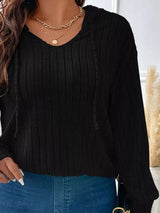Ribbed Knit Drawstring Hooded T-Shirt - Trendsi - Flyclothing LLC