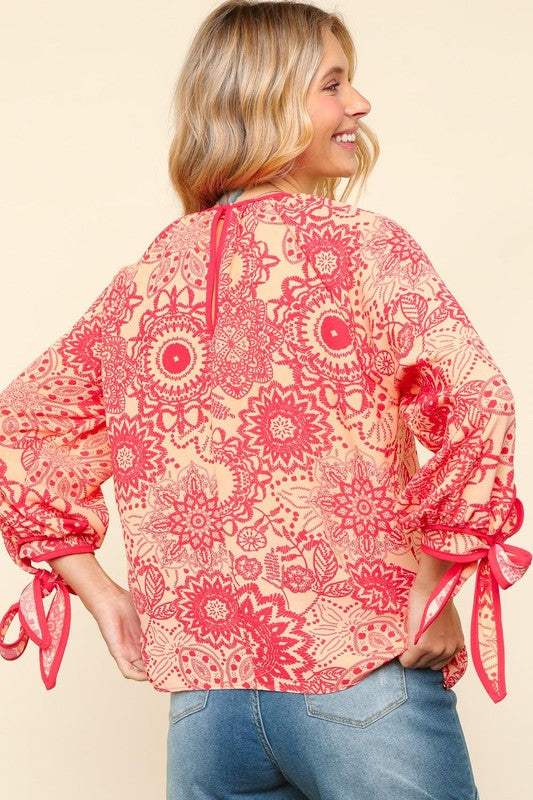 Haptics Ribbon Bow Detail Floral Round Neck Blouse - Trendsi - Flyclothing LLC