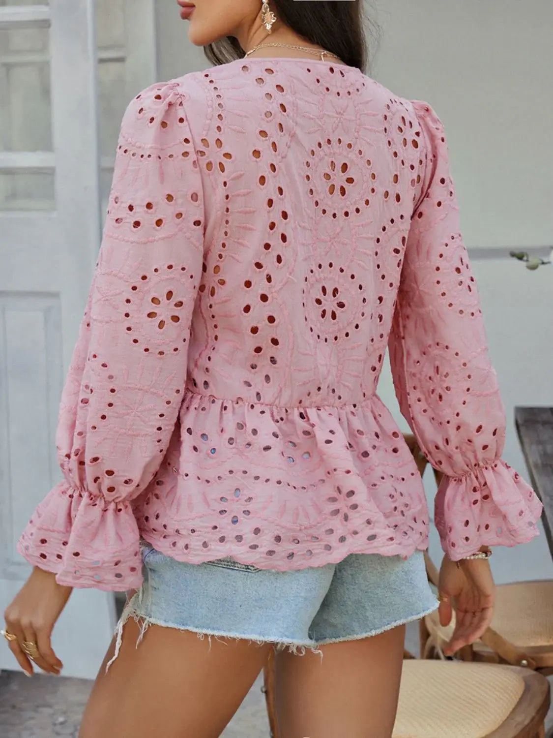 Devine Tie Front Flounce Sleeve Peplum Blouse - Trendsi - Flyclothing LLC