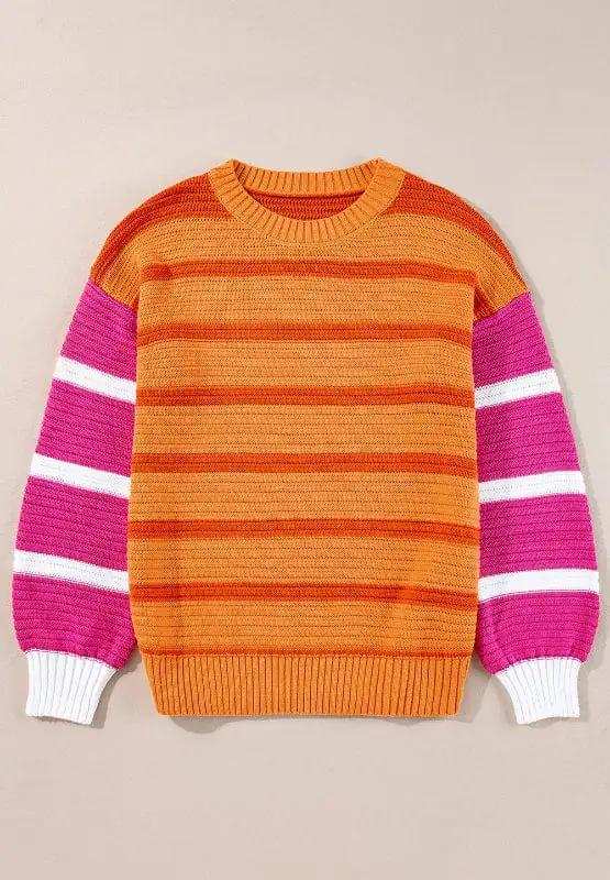 Striped Round Neck Long Sleeve Sweater - Trendsi - Flyclothing LLC