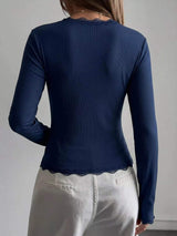 Lace Trim V-Neck Ribbed Long Sleeve Blouse - Trendsi - Flyclothing LLC