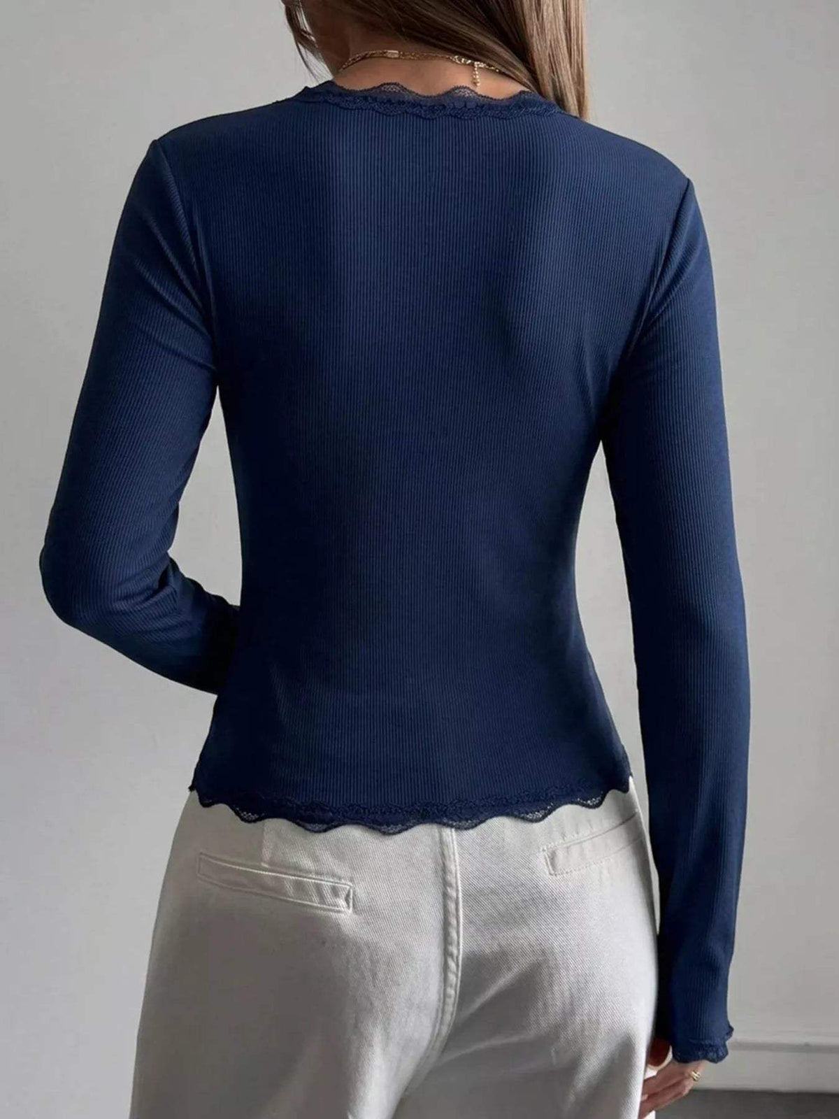 Lace Trim V-Neck Ribbed Long Sleeve Blouse - Trendsi - Flyclothing LLC