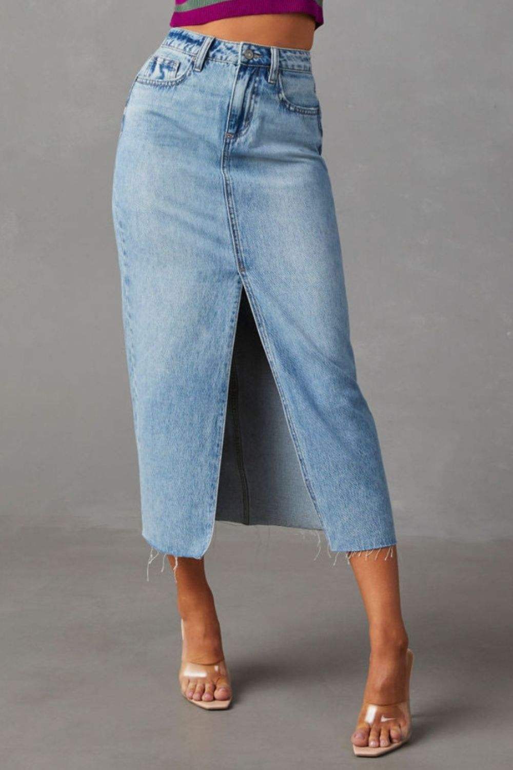 Slit Raw Hem Midi Denim Skirt - Trendsi - Flyclothing LLC