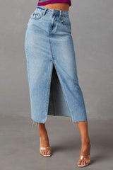 Slit Raw Hem Midi Denim Skirt - Trendsi - Flyclothing LLC
