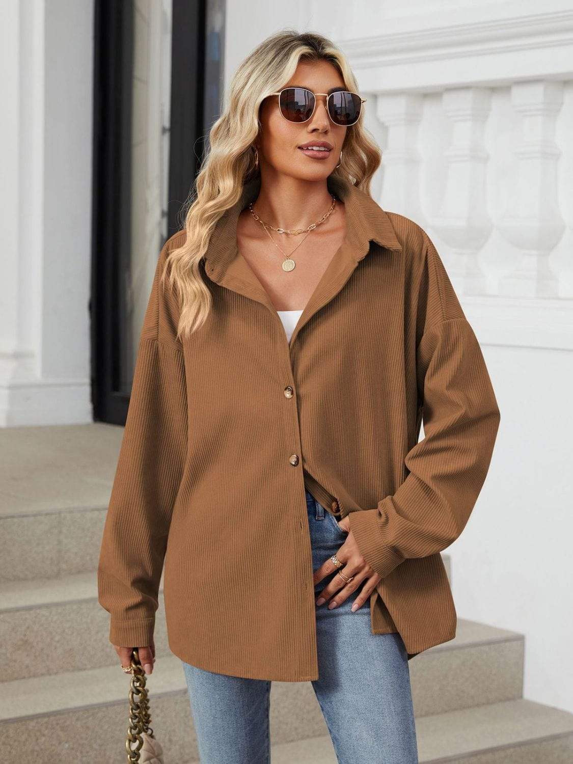 Collared Neck Long Sleeve Dropped Shoulder Shirt - Trendsi - Flyclothing LLC
