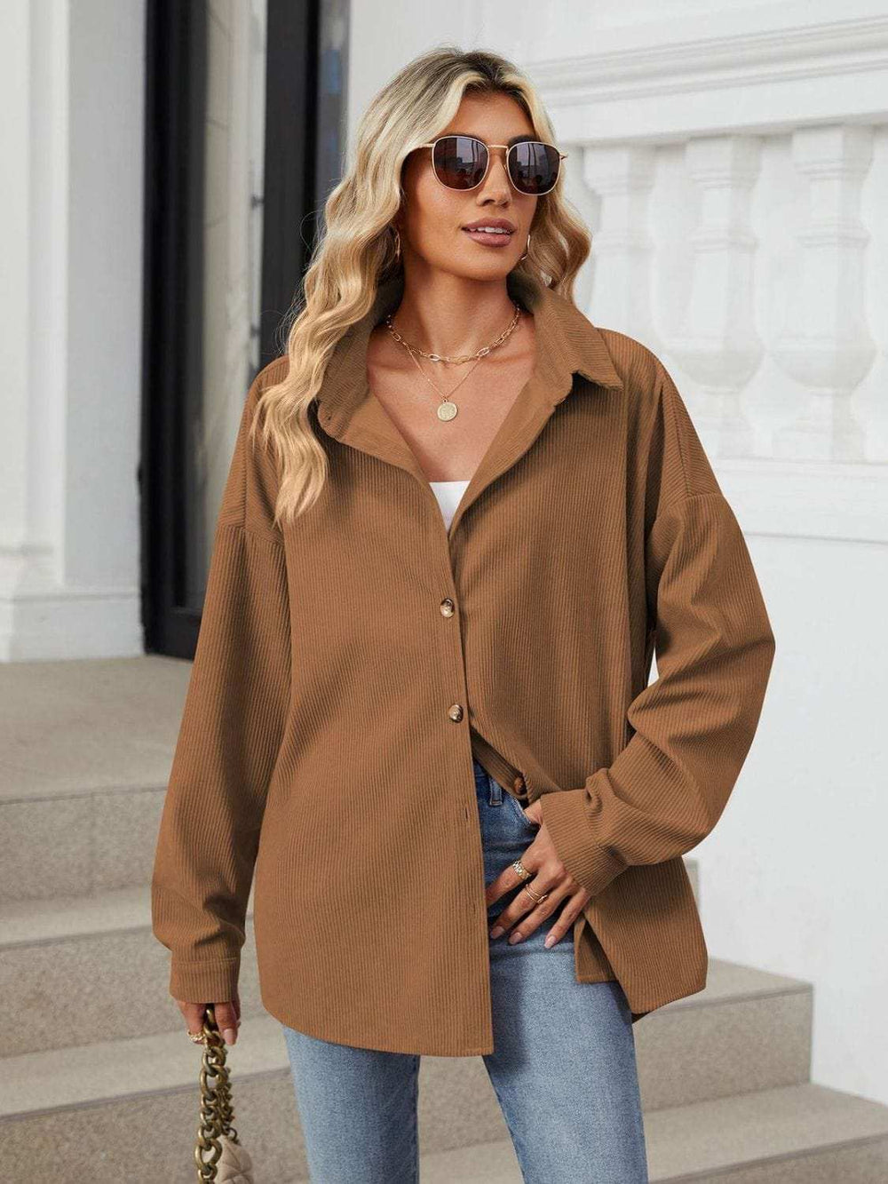 Collared Neck Long Sleeve Dropped Shoulder Shirt - Trendsi - Flyclothing LLC